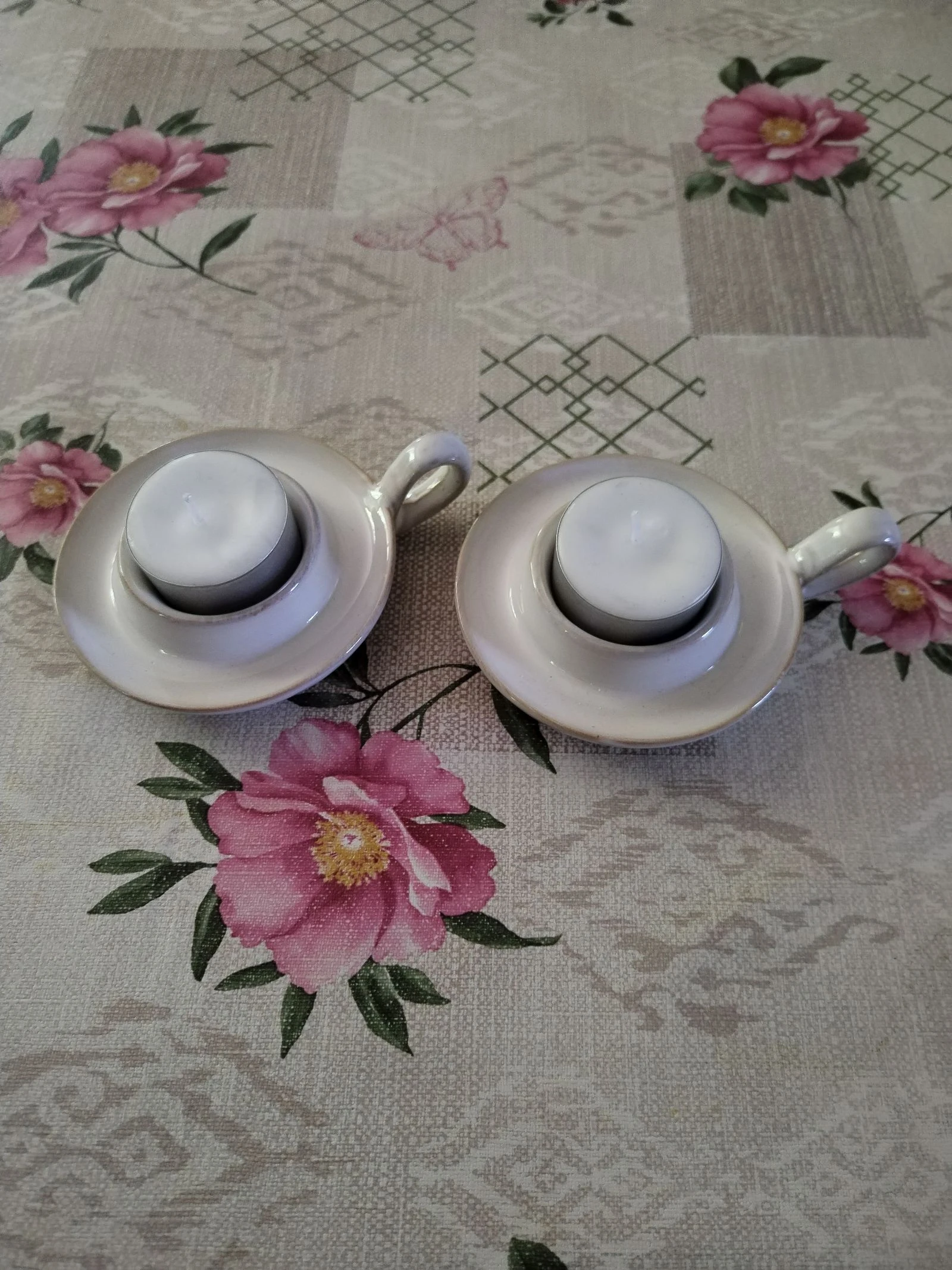 set van 2 mooie handgemaakte emaille keramische theelichtkaarsenhouders. – photo 11